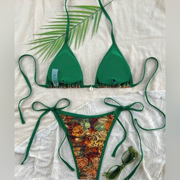 Green Leopard Floral Print Halter Side Tie Bikini Set - Picture 3 of 9